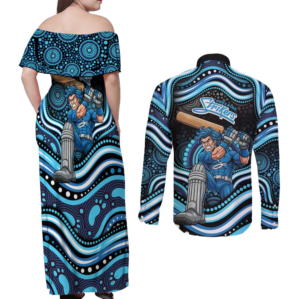 Adelaide Strikers Cricket Couples Matching Off Shoulder Maxi Dress and Long Sleeve Button Shirt Australian Cricket Mascot - Modern Indigenous Style