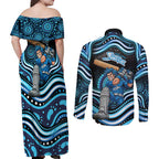 Adelaide Strikers Cricket Couples Matching Off Shoulder Maxi Dress and Long Sleeve Button Shirt Australian Cricket Mascot - Modern Indigenous Style
