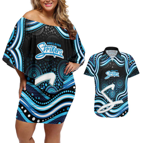Adelaide Strikers Cricket Couples Matching Off Shoulder Short Dress and Hawaiian Shirt Australian Cricket Mascot - Modern Indigenous Style