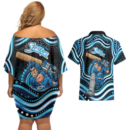 Adelaide Strikers Cricket Couples Matching Off Shoulder Short Dress and Hawaiian Shirt Australian Cricket Mascot - Modern Indigenous Style