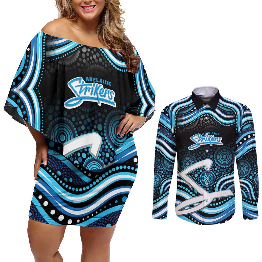Adelaide Strikers Cricket Couples Matching Off Shoulder Short Dress and Long Sleeve Button Shirt Australian Cricket Mascot - Modern Indigenous Style