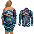 Adelaide Strikers Cricket Couples Matching Off Shoulder Short Dress and Long Sleeve Button Shirt Australian Cricket Mascot - Modern Indigenous Style