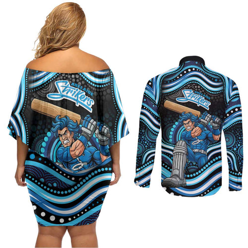 Adelaide Strikers Cricket Couples Matching Off Shoulder Short Dress and Long Sleeve Button Shirt Australian Cricket Mascot - Modern Indigenous Style