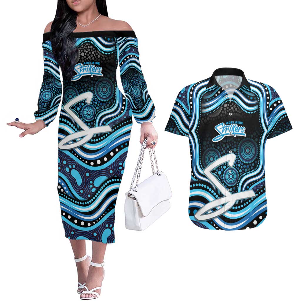 Adelaide Strikers Cricket Couples Matching Off The Shoulder Long Sleeve Dress and Hawaiian Shirt Australian Cricket Mascot - Modern Indigenous Style