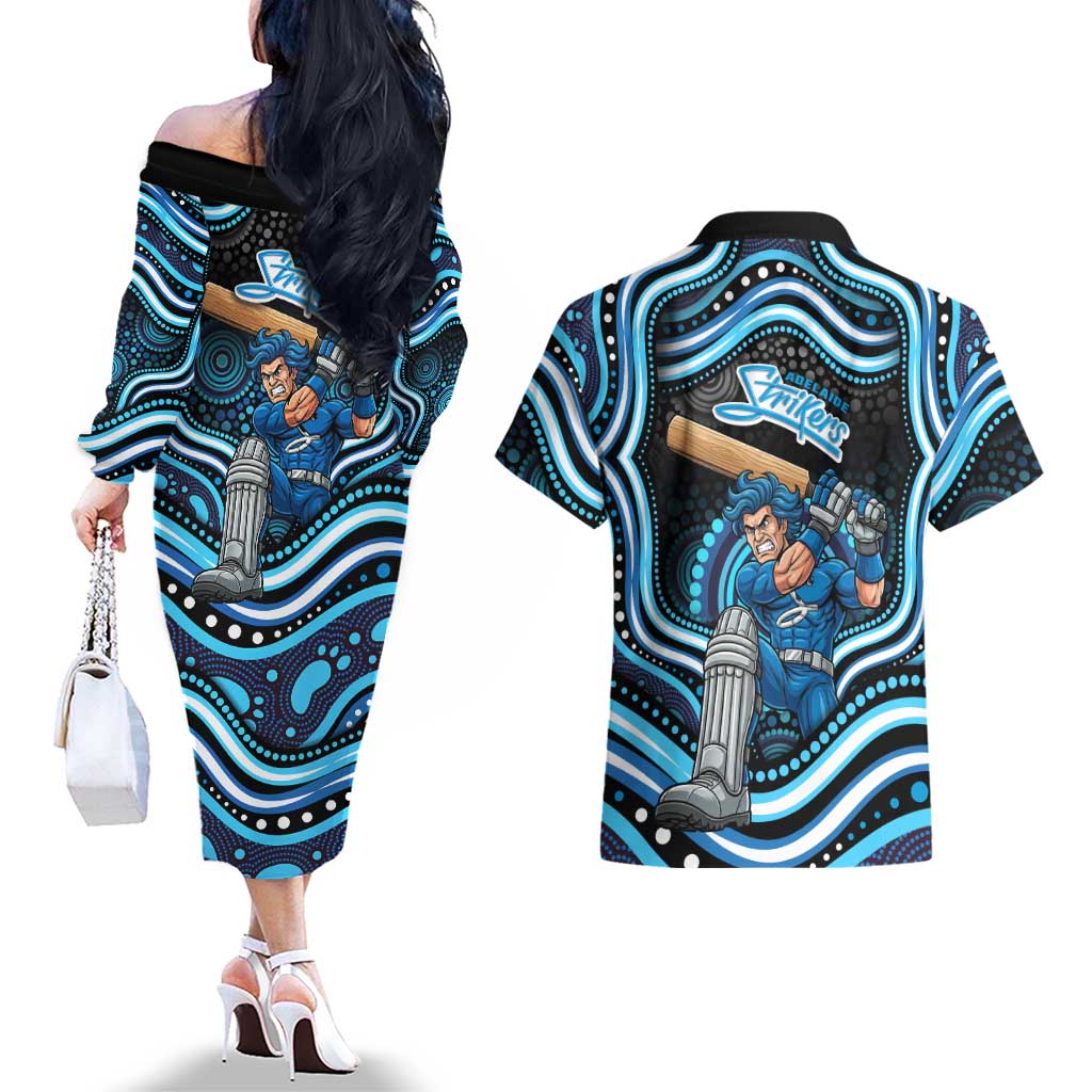 Adelaide Strikers Cricket Couples Matching Off The Shoulder Long Sleeve Dress and Hawaiian Shirt Australian Cricket Mascot - Modern Indigenous Style