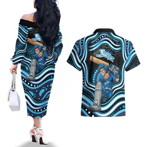 Adelaide Strikers Cricket Couples Matching Off The Shoulder Long Sleeve Dress and Hawaiian Shirt Australian Cricket Mascot - Modern Indigenous Style