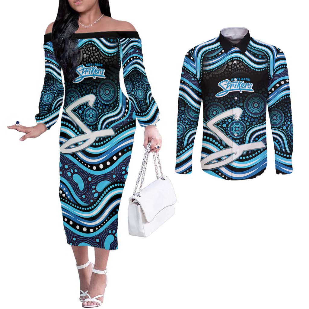 Adelaide Strikers Cricket Couples Matching Off The Shoulder Long Sleeve Dress and Long Sleeve Button Shirt Australian Cricket Mascot - Modern Indigenous Style