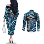 Adelaide Strikers Cricket Couples Matching Off The Shoulder Long Sleeve Dress and Long Sleeve Button Shirt Australian Cricket Mascot - Modern Indigenous Style