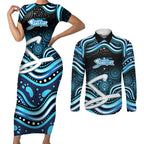 Adelaide Strikers Cricket Couples Matching Short Sleeve Bodycon Dress and Long Sleeve Button Shirt Australian Cricket Mascot - Modern Indigenous Style