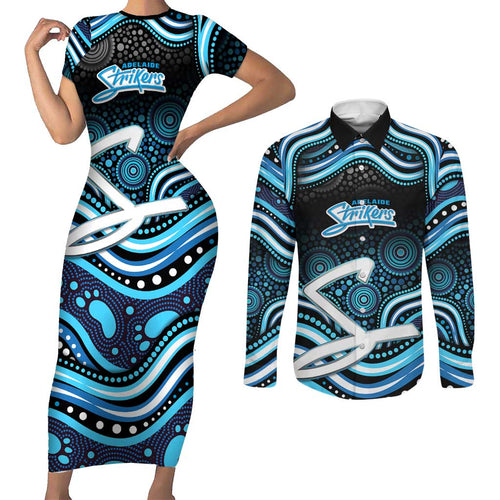 Adelaide Strikers Cricket Couples Matching Short Sleeve Bodycon Dress and Long Sleeve Button Shirt Australian Cricket Mascot - Modern Indigenous Style