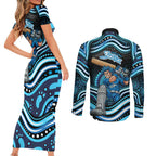 Adelaide Strikers Cricket Couples Matching Short Sleeve Bodycon Dress and Long Sleeve Button Shirt Australian Cricket Mascot - Modern Indigenous Style