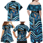 Adelaide Strikers Cricket Family Matching Off Shoulder Maxi Dress and Hawaiian Shirt Australian Cricket Mascot - Modern Indigenous Style