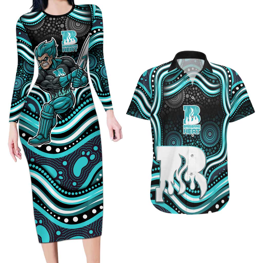 Brisbane Heat Cricket Couples Matching Long Sleeve Bodycon Dress and Hawaiian Shirt Australian Cricket Mascot - Modern Indigenous Style