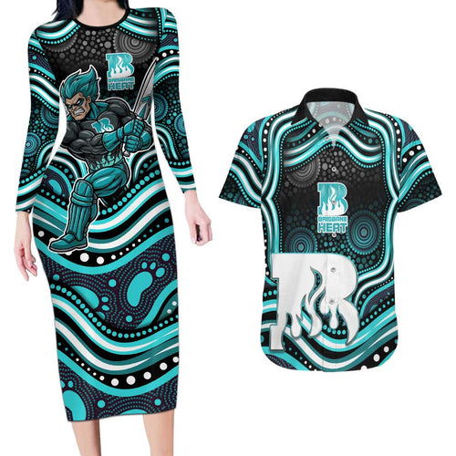 Brisbane Heat Cricket Couples Matching Long Sleeve Bodycon Dress and Hawaiian Shirt Australian Cricket Mascot - Modern Indigenous Style