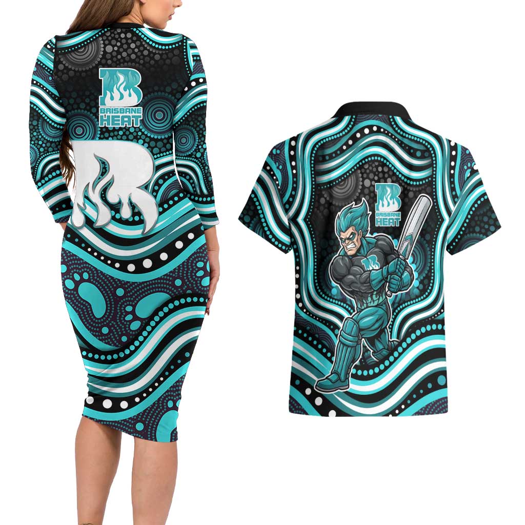 Brisbane Heat Cricket Couples Matching Long Sleeve Bodycon Dress and Hawaiian Shirt Australian Cricket Mascot - Modern Indigenous Style