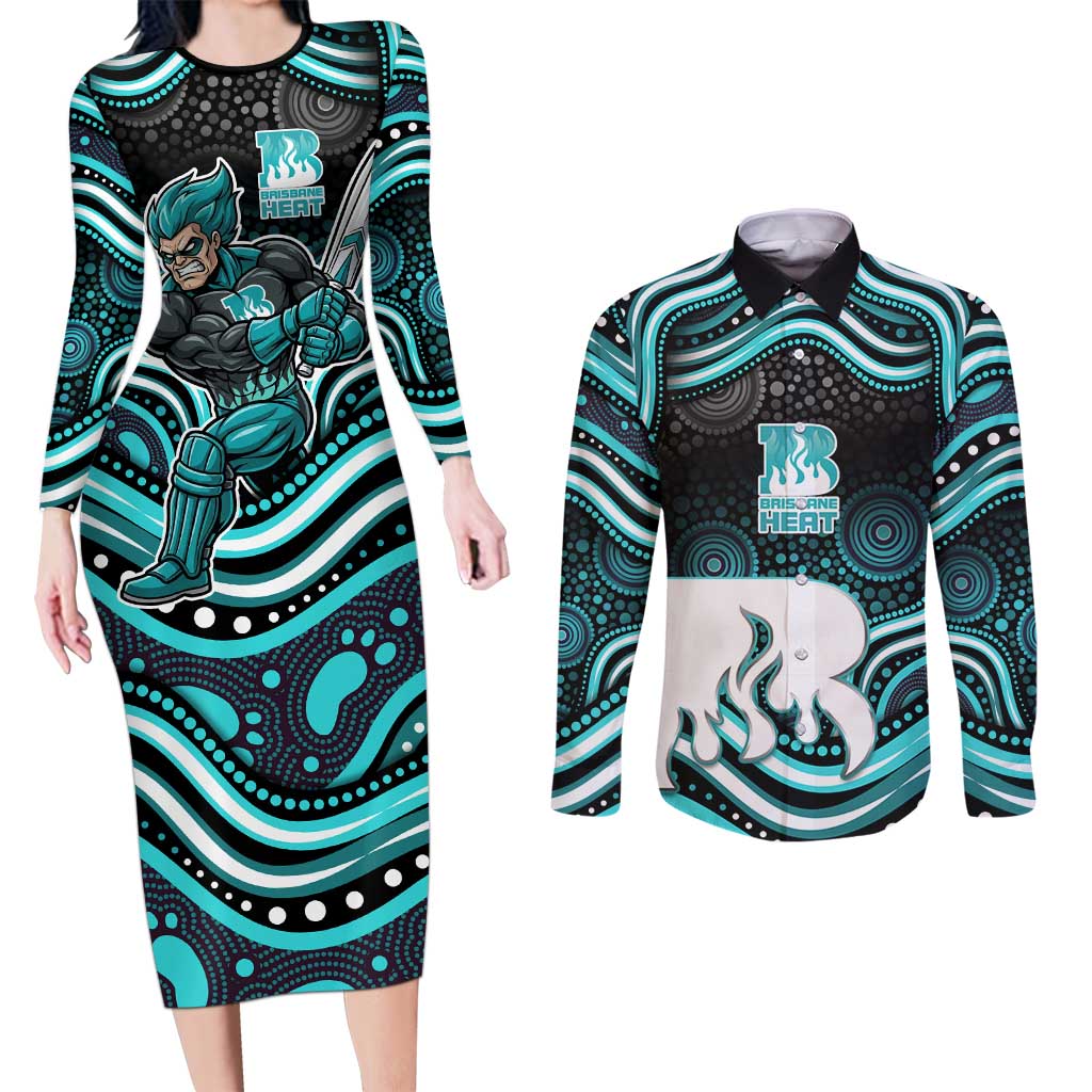 Brisbane Heat Cricket Couples Matching Long Sleeve Bodycon Dress and Long Sleeve Button Shirt Australian Cricket Mascot - Modern Indigenous Style