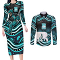 Brisbane Heat Cricket Couples Matching Long Sleeve Bodycon Dress and Long Sleeve Button Shirt Australian Cricket Mascot - Modern Indigenous Style