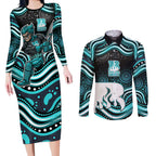 Brisbane Heat Cricket Couples Matching Long Sleeve Bodycon Dress and Long Sleeve Button Shirt Australian Cricket Mascot - Modern Indigenous Style
