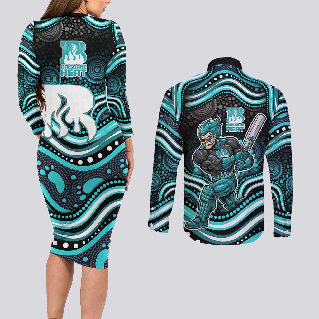 Brisbane Heat Cricket Couples Matching Long Sleeve Bodycon Dress and Long Sleeve Button Shirt Australian Cricket Mascot - Modern Indigenous Style