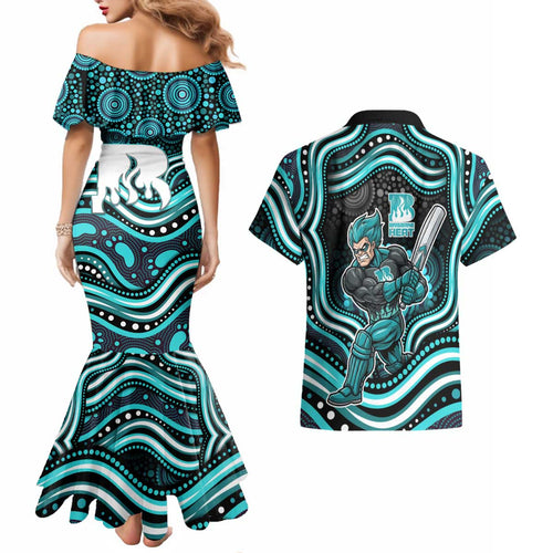 Brisbane Heat Cricket Couples Matching Mermaid Dress and Hawaiian Shirt Australian Cricket Mascot - Modern Indigenous Style