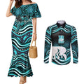 Brisbane Heat Cricket Couples Matching Mermaid Dress and Long Sleeve Button Shirt Australian Cricket Mascot - Modern Indigenous Style