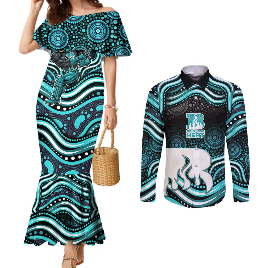Brisbane Heat Cricket Couples Matching Mermaid Dress and Long Sleeve Button Shirt Australian Cricket Mascot - Modern Indigenous Style