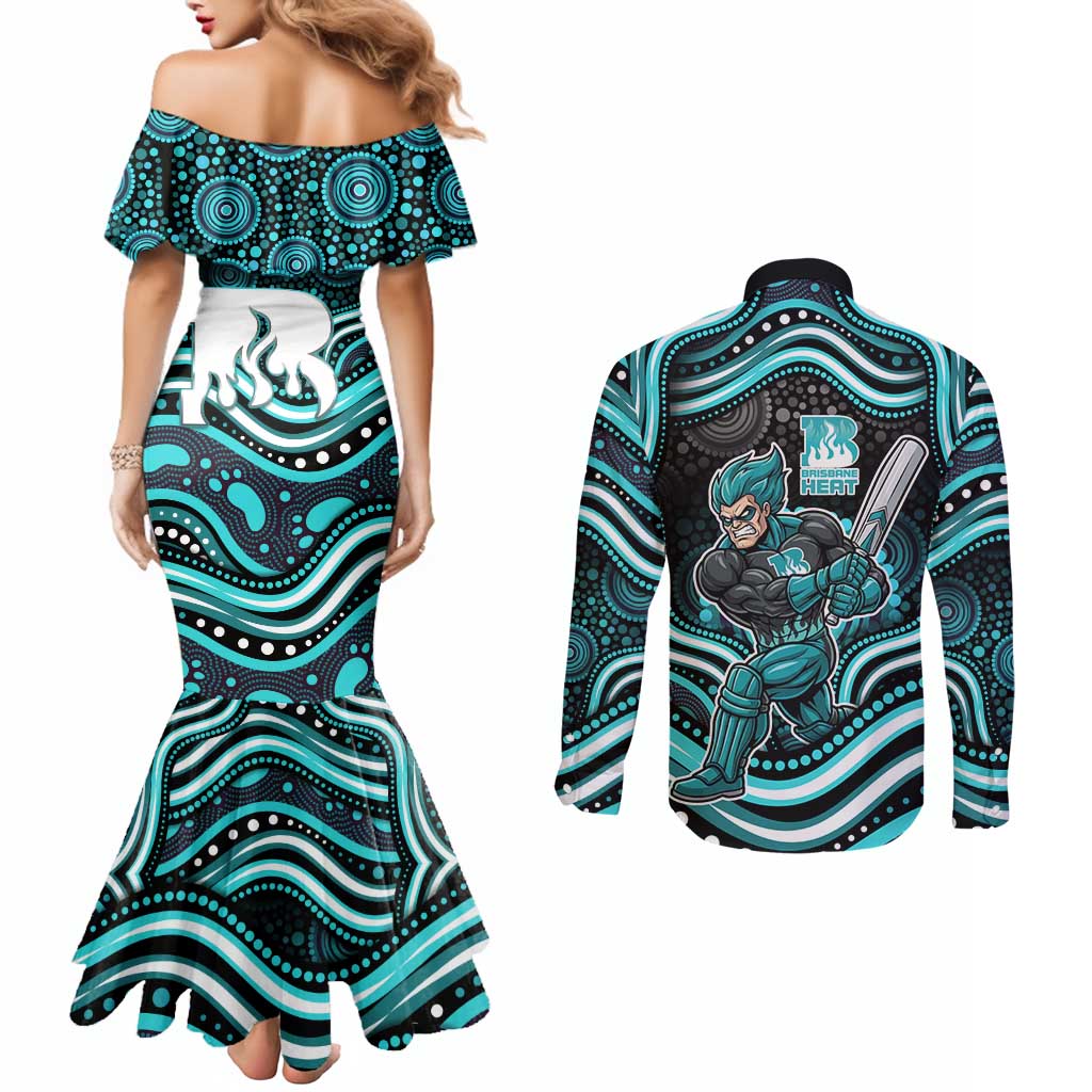 Brisbane Heat Cricket Couples Matching Mermaid Dress and Long Sleeve Button Shirt Australian Cricket Mascot - Modern Indigenous Style