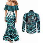 Brisbane Heat Cricket Couples Matching Mermaid Dress and Long Sleeve Button Shirt Australian Cricket Mascot - Modern Indigenous Style