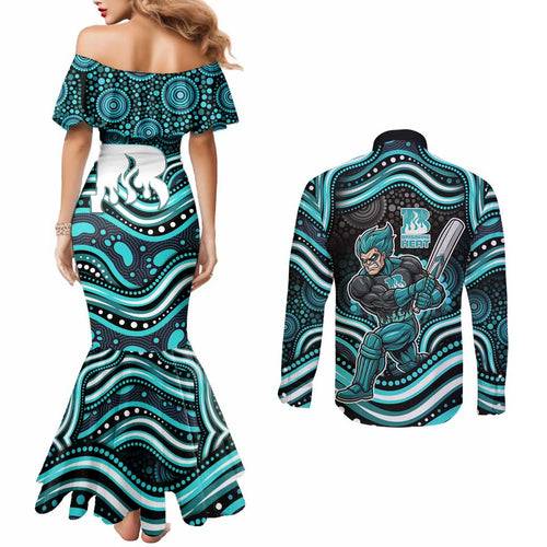 Brisbane Heat Cricket Couples Matching Mermaid Dress and Long Sleeve Button Shirt Australian Cricket Mascot - Modern Indigenous Style