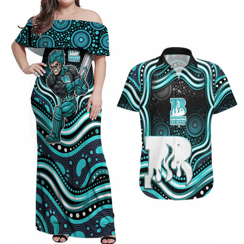 Brisbane Heat Cricket Couples Matching Off Shoulder Maxi Dress and Hawaiian Shirt Australian Cricket Mascot - Modern Indigenous Style
