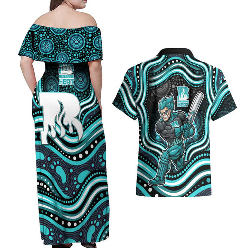 Brisbane Heat Cricket Couples Matching Off Shoulder Maxi Dress and Hawaiian Shirt Australian Cricket Mascot - Modern Indigenous Style