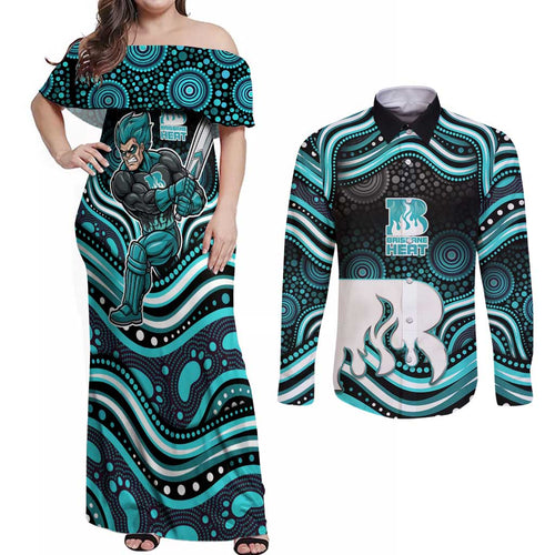 Brisbane Heat Cricket Couples Matching Off Shoulder Maxi Dress and Long Sleeve Button Shirt Australian Cricket Mascot - Modern Indigenous Style