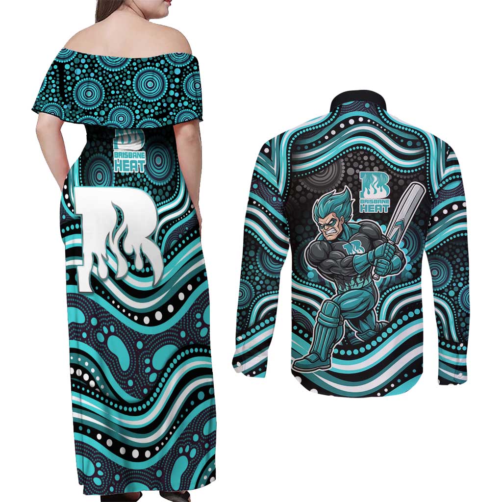 Brisbane Heat Cricket Couples Matching Off Shoulder Maxi Dress and Long Sleeve Button Shirt Australian Cricket Mascot - Modern Indigenous Style