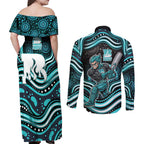 Brisbane Heat Cricket Couples Matching Off Shoulder Maxi Dress and Long Sleeve Button Shirt Australian Cricket Mascot - Modern Indigenous Style
