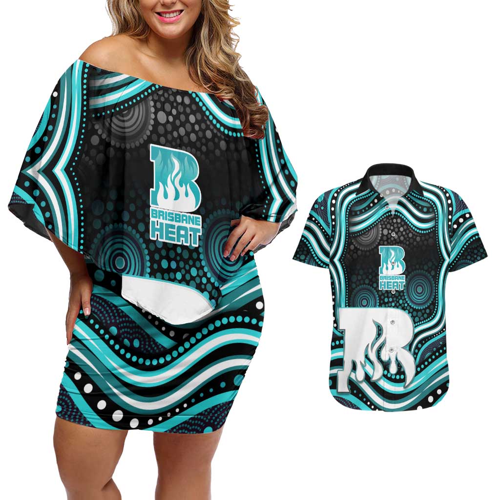 Brisbane Heat Cricket Couples Matching Off Shoulder Short Dress and Hawaiian Shirt Australian Cricket Mascot - Modern Indigenous Style