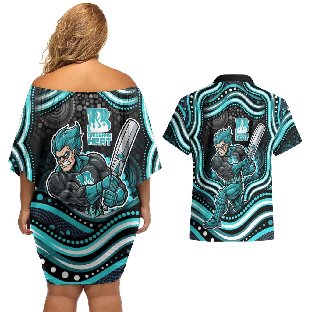 Brisbane Heat Cricket Couples Matching Off Shoulder Short Dress and Hawaiian Shirt Australian Cricket Mascot - Modern Indigenous Style