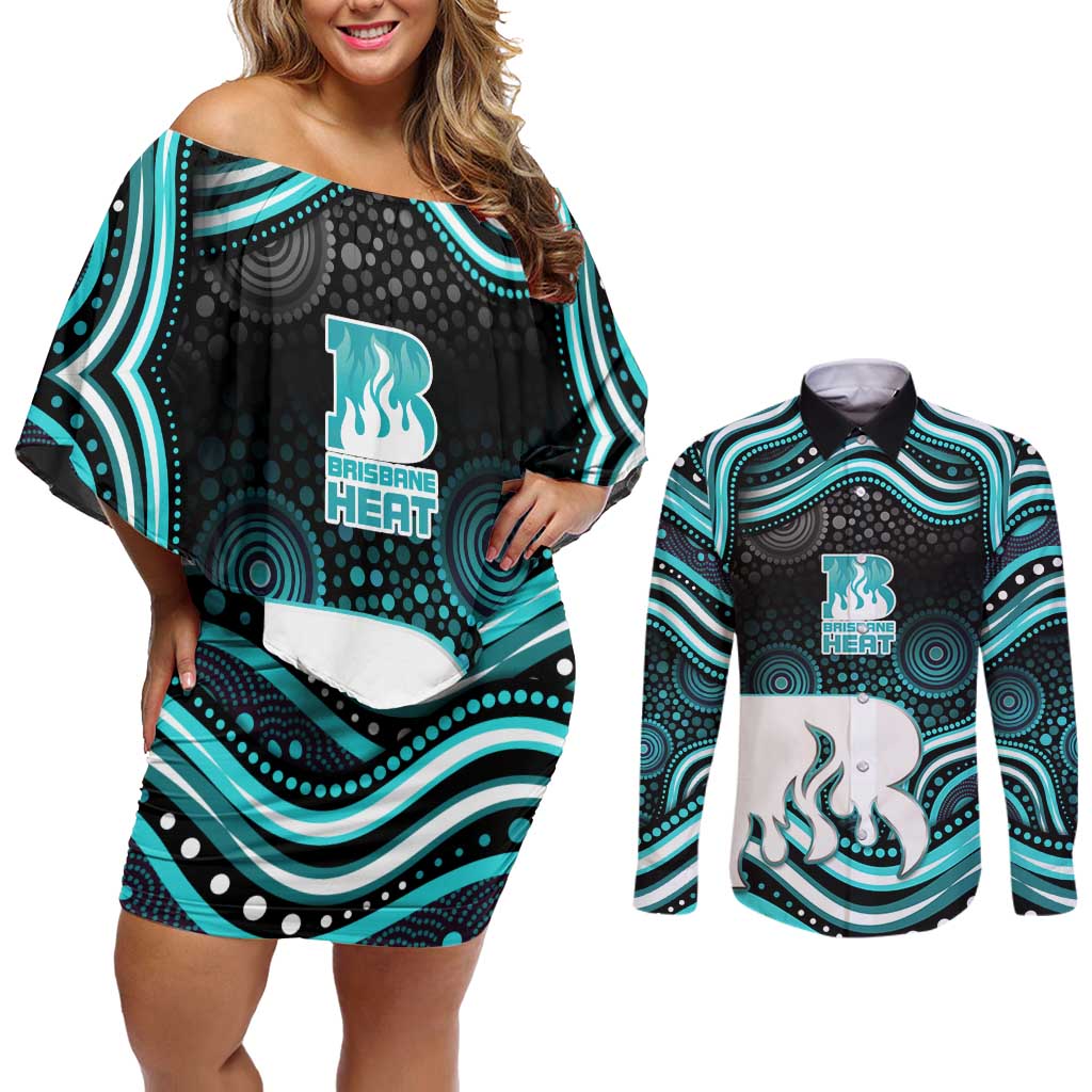 Brisbane Heat Cricket Couples Matching Off Shoulder Short Dress and Long Sleeve Button Shirt Australian Cricket Mascot - Modern Indigenous Style