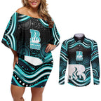 Brisbane Heat Cricket Couples Matching Off Shoulder Short Dress and Long Sleeve Button Shirt Australian Cricket Mascot - Modern Indigenous Style