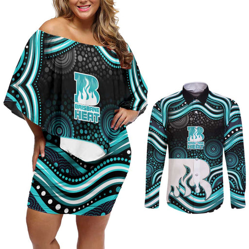 Brisbane Heat Cricket Couples Matching Off Shoulder Short Dress and Long Sleeve Button Shirt Australian Cricket Mascot - Modern Indigenous Style