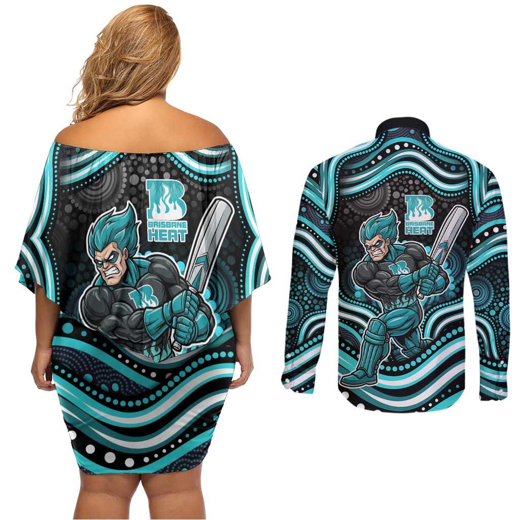 Brisbane Heat Cricket Couples Matching Off Shoulder Short Dress and Long Sleeve Button Shirt Australian Cricket Mascot - Modern Indigenous Style