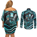 Brisbane Heat Cricket Couples Matching Off Shoulder Short Dress and Long Sleeve Button Shirt Australian Cricket Mascot - Modern Indigenous Style