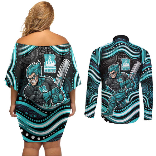 Brisbane Heat Cricket Couples Matching Off Shoulder Short Dress and Long Sleeve Button Shirt Australian Cricket Mascot - Modern Indigenous Style
