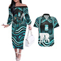 Brisbane Heat Cricket Couples Matching Off The Shoulder Long Sleeve Dress and Hawaiian Shirt Australian Cricket Mascot - Modern Indigenous Style