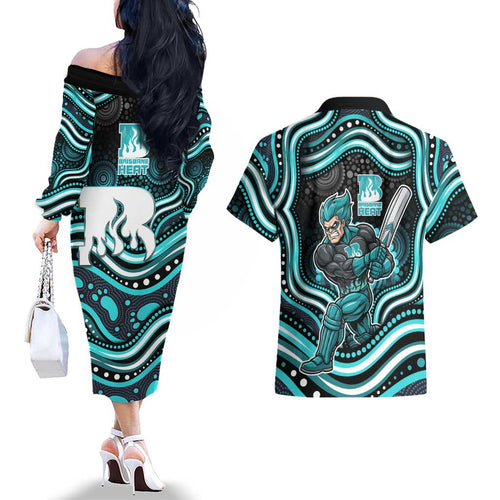 Brisbane Heat Cricket Couples Matching Off The Shoulder Long Sleeve Dress and Hawaiian Shirt Australian Cricket Mascot - Modern Indigenous Style