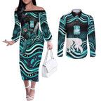 Brisbane Heat Cricket Couples Matching Off The Shoulder Long Sleeve Dress and Long Sleeve Button Shirt Australian Cricket Mascot - Modern Indigenous Style