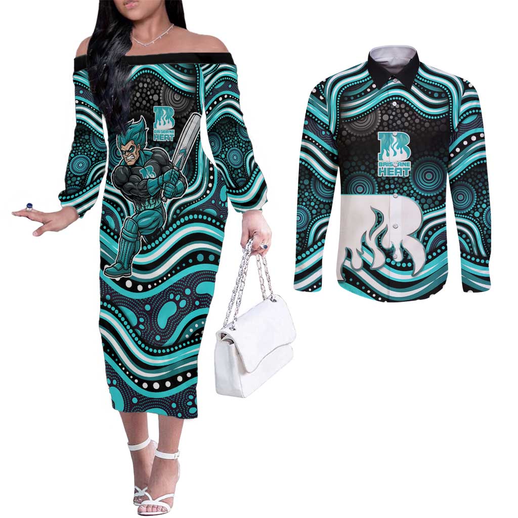 Brisbane Heat Cricket Couples Matching Off The Shoulder Long Sleeve Dress and Long Sleeve Button Shirt Australian Cricket Mascot - Modern Indigenous Style