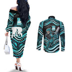 Brisbane Heat Cricket Couples Matching Off The Shoulder Long Sleeve Dress and Long Sleeve Button Shirt Australian Cricket Mascot - Modern Indigenous Style