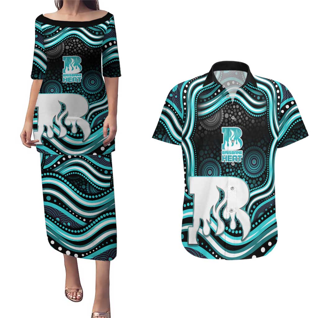 Brisbane Heat Cricket Couples Matching Puletasi and Hawaiian Shirt Australian Cricket Mascot - Modern Indigenous Style