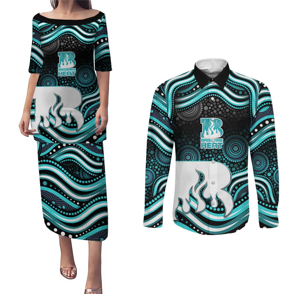 Brisbane Heat Cricket Couples Matching Puletasi and Long Sleeve Button Shirt Australian Cricket Mascot - Modern Indigenous Style