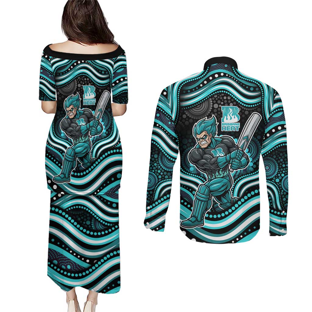 Brisbane Heat Cricket Couples Matching Puletasi and Long Sleeve Button Shirt Australian Cricket Mascot - Modern Indigenous Style